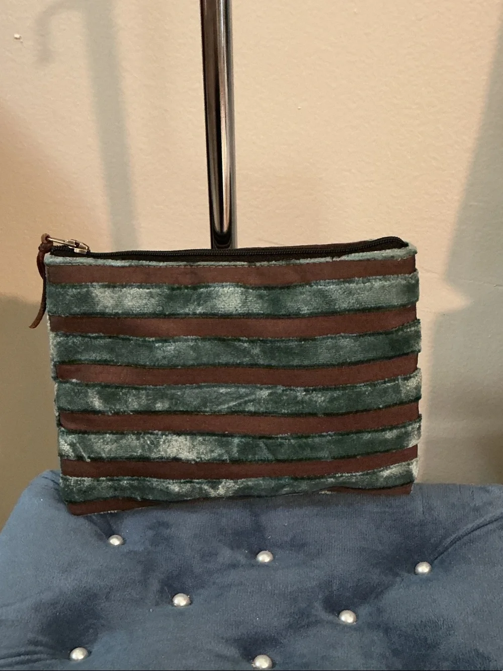 Edwina Ferro Teal Green and Brown Striped Velvet Cosmetic Pouch 6.5x5 EUC